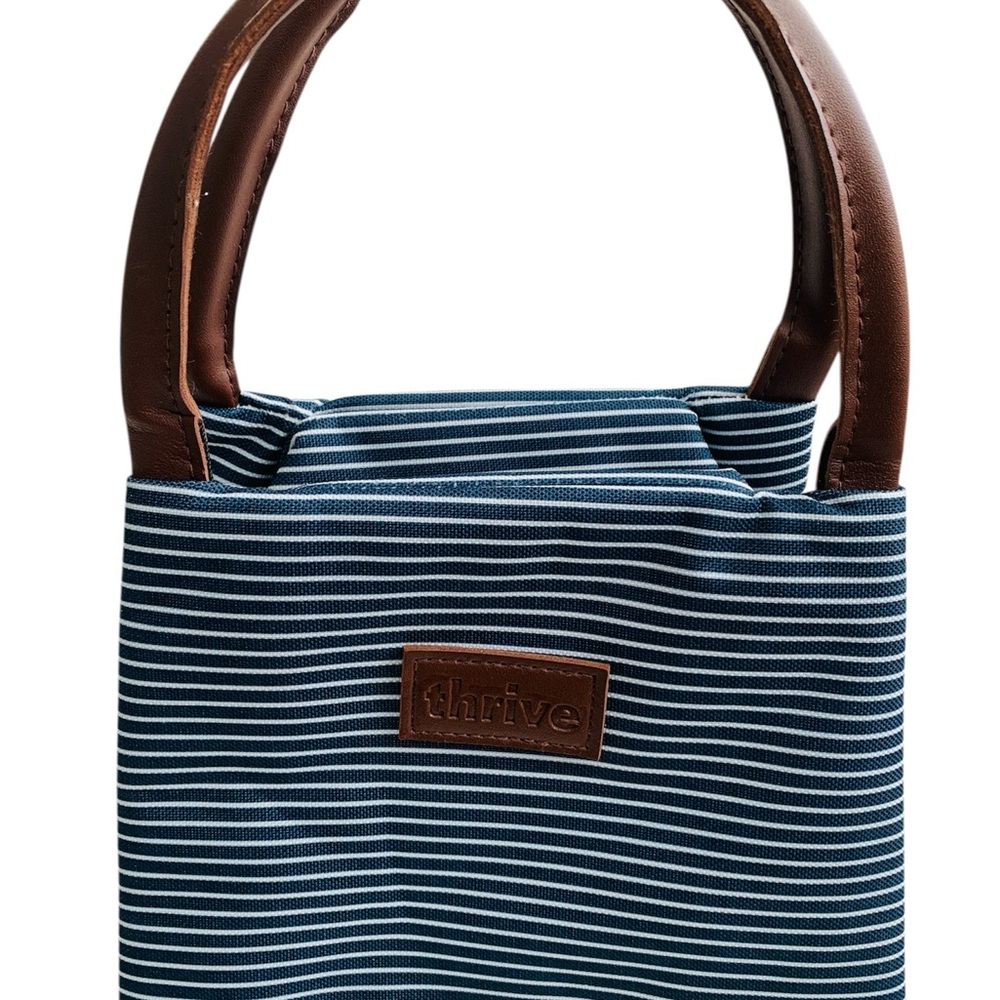 Blue and White Striped Insulated Food Tote Lunch Sack Small Thrive Logo Kaiser